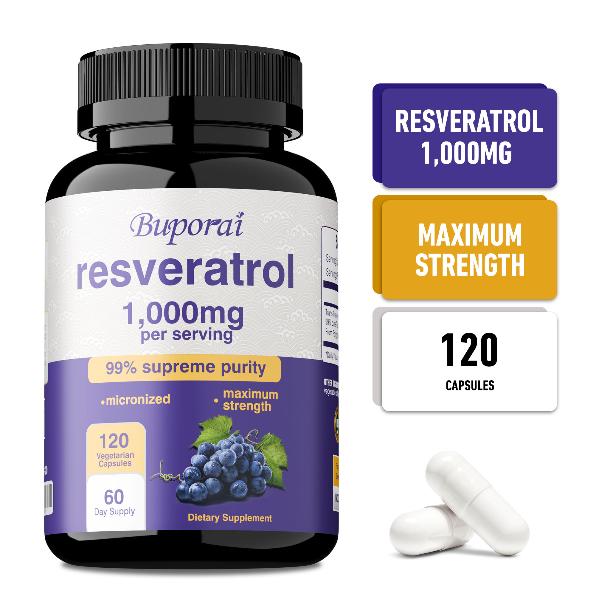 Health Wellness Energy - Resveratrol Capsules - Promotes Brain, Heart